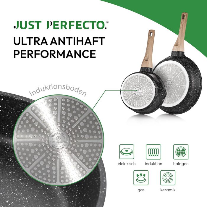 Набір каструль і сковорідок JUST PERFECTO для індукції, антипригарний, без PTFE і PFOA, 15 предметів, чорний, сковорода 24 см, сковорода 28 см, каструля 28 см з кришками