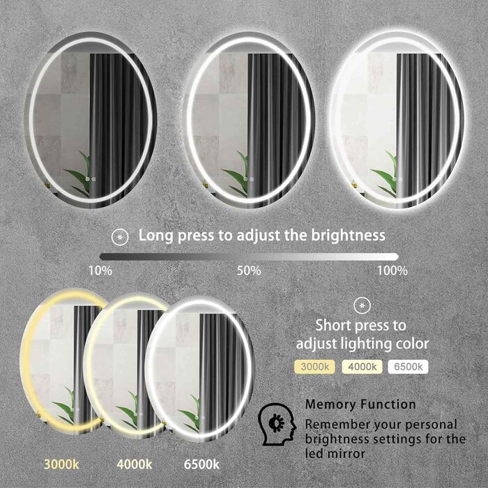 LED дзеркало для ванної кімнати 60x80 см, овальне з підсвічуванням, 3 кольори, регулювання яскравості, антизапарник