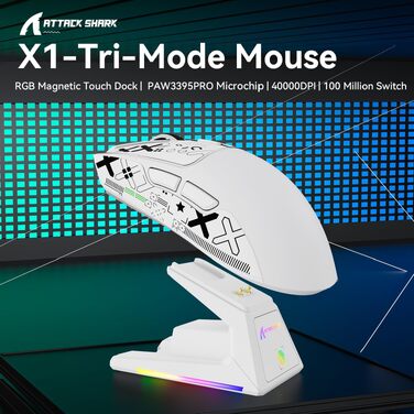 Ігрова миша Attack Shark X1 White: сенсор PixArt PAW3395PRO, 40000 DPI, вага 53г, RGB док-станція з тачпадом, бездротова (BT/2.4G) та дротова, для Windows, Xbox, PS, Mac
