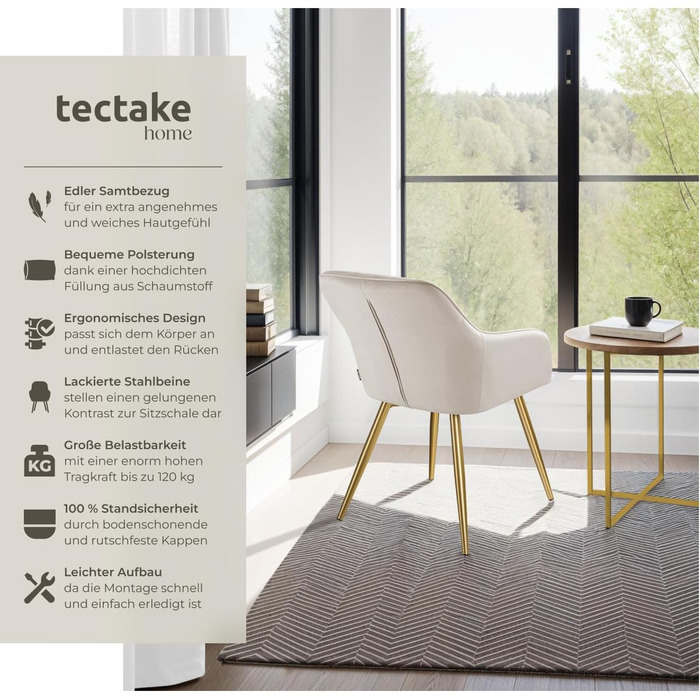 Крісло tectake® Esszimmerstuhl: зручне, з підлокітниками, оббивка з велюру, для вітальні, їдальні, офісу. Набір 6 шт. Колір: пудровий/золотий