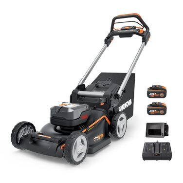 Акумуляторний газонокосарка WORX WG749E 40V PowerShare з приводним колесом, безщітковий двигун, ширина зрізу 46 см, 7 положень висоти зрізу, чорний колір, акумулятор та зарядний пристрій в комплекті
