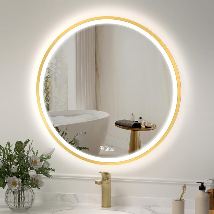 Дзеркало для ванної кімнати Furduzz з LED-підсвічуванням, 700 мм, сенсорне керування, диммування, 3 кольори, протизапотівання, пам'ять, золота рамка (60x60 см)