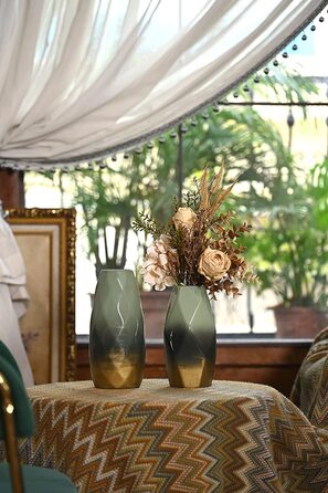 Зелена золота керамічна ваза TERESA'S COLLECTIONS 20 см, сучасна декоративна ваза для дому, pampas трави, елегантна настільна ваза, подарунок мамі