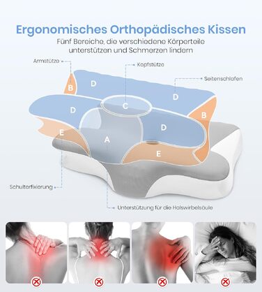 Ортопедична подушка з піни Memory Foam 2-в-1, 60x41.5x10/12 см, біла/сіра - для сну на боці, спині, животі
