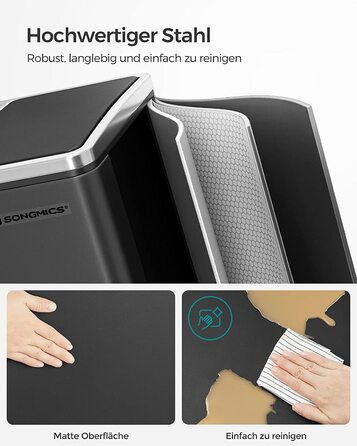Сортувальний смітник SONGMICS для кухні, 2×15 л, сталевий, двосекційний, педальний, з м'яким закриттям, чорний