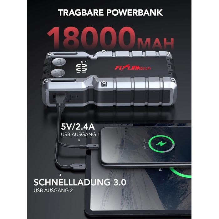 Бустер для автомобіля FLYLINKTECH 7000A — Пусковий пристрій (Powerbank) для 12V авто