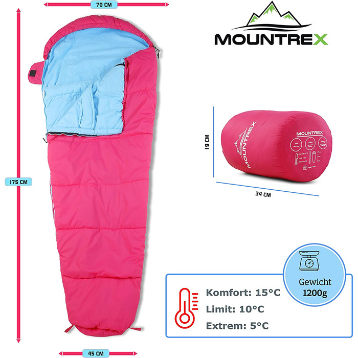 Дитячий спальний мішок MOUNTREX, мумія, легкий, компактний, 175x70x45 см, рожево-блакитний, 100% бавовна, для кемпінгу, подорожей