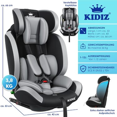 Дитяче автокрісло KIDIZ з Isofix, група 1/2/3, 9-36 кг, регульований підголівник, 5-точковий ремінь, сіре, для дітей 1-12 років