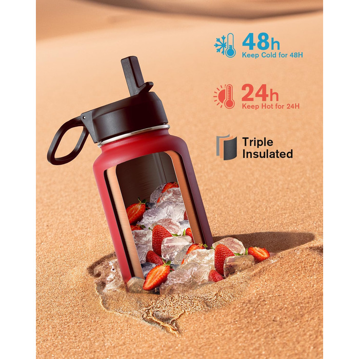 Термопляшка Coolflask з соломинкою та 3 кришками, 1.2 л, нержавіюча сталь, червона — ізольована спортивна пляшка для води, офісу та подорожей, герметична