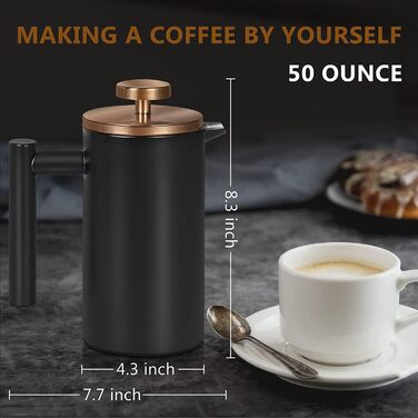 French Press MaxMiuly: Френч-прес для кави, 0,35 л, нержавіюча сталь, з подвійними стінками та 2 фільтрами (2 чашки)