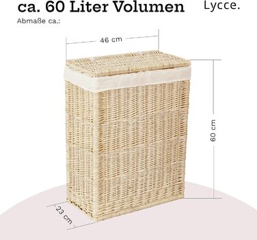 Кошик для білизни Lycce з кришкою 60 л, вузький, плетений з лози, для зберігання білизни в нішах, натуральний колір