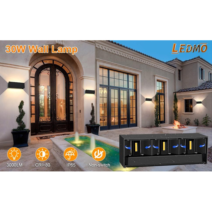 LEDMO LED настінний світильник 30W для внутрішніх і зовнішніх робіт, регульований світловий потік, тепле біле світло 3000K, IP65, чорний