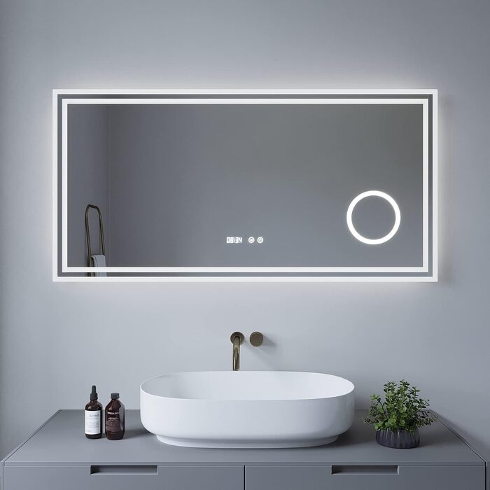 Дзеркало для ванної кімнати AQUABATOS LED 50x70 см з підсвічуванням, сенсорним вимикачем, регулюванням температури світла (6400K), IP44, CE, енергозберігаюче. Серія Essens