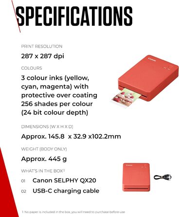 Canon Selphy QX20: Портативний фотопринтер для смартфонів. Друк через Wi-Fi, термосублімація, 2 розміри наклейок, зарядка USB-C. Колір: теракота (без чорнил/паперу)
