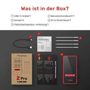 Бездротовий розумний термометр для м'яса Z Pro з Wi-Fi та Bluetooth, 4 щупи (6 сенсорів), водонепроникний IP69, термостійкий до 595°C для гриля, духовки та аерофритюрниці