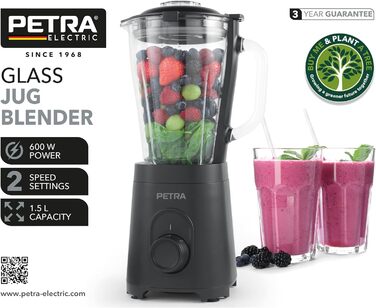 Скляний стаціонарний блендер Petra PT5531MBLKVDE, 1.5 л, BPA Free, 600 Вт, імпульсний режим, 2 швидкості, нержавіюча сталь, безпечна кришка, мірна шкала, для смузі