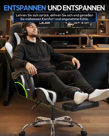 Ігрове крісло Dowinx Ergonomic Gaming Chair з підставкою для ніг, біле, витримує до 150 кг, з регульованими підлокітниками для ПК та офісу