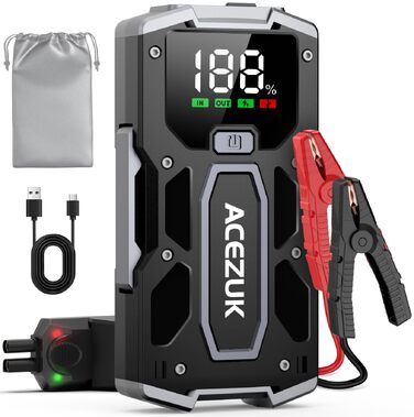 Бустер автомобільного акумулятора ACEZUK 4000A 12V — Пусковий пристрій (Jump Starter) для авто, SUV, мотоциклів та газонокосарок (до 7.0L бензин / 5.5L дизель) з LED-ліхтарем та цифровим дисплеєм