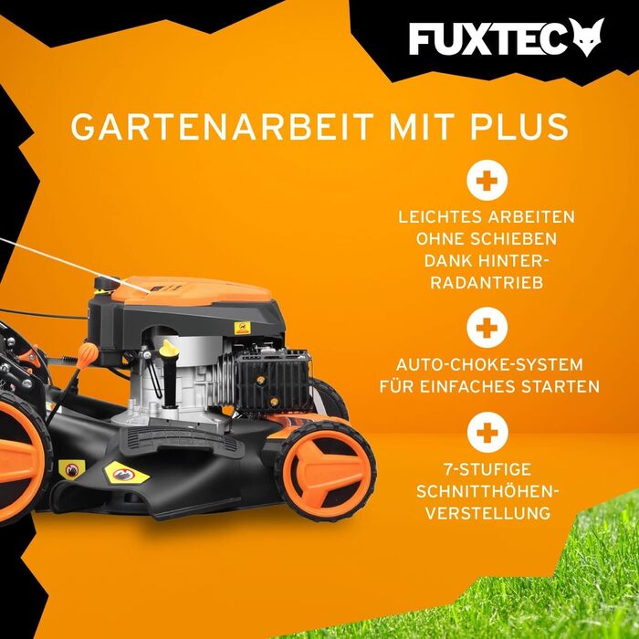 Бензокоса FUXTEC 4в1 FX-RM5196 з Edge-Cut: газонокосарка, 51 см, самохідна, 96 см3, великі колеса, 60л травосбірник