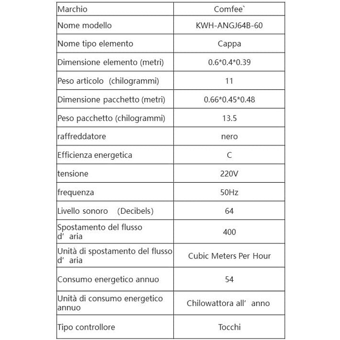 Витяжка кухонна COMFEE' CH60J64ET4A2B 60 см, сталь/скло, чорна, сенсорне керування, LED-підсвітка, режим відведення та рециркуляції (з вугільним фільтром), 380 м³/год, клас A++