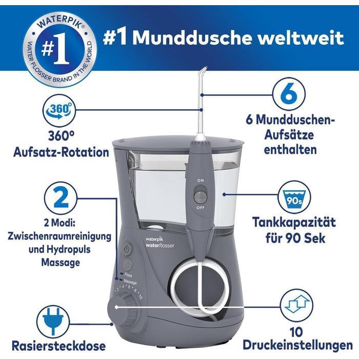 Іригатор Waterpik Ultra Professional: 10 режимів, 6 насадок, таймер, сертифікат TÜV, видалення нальоту 99.9%