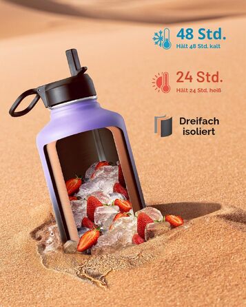 Термобутилка Coolflask з соломиною та 3 кришками, сталева ізольована пляшка для води 2Л для спорту та офісу, герметична, Фіолетовий/Чорний