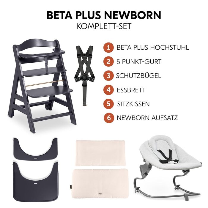 Високий стільчик для годування Hauck Beta+ Newborn Set Premium Dark Grey - комплект для новонароджених, з підставкою для ніг, м'яким сидінням та підносом - сірий колір