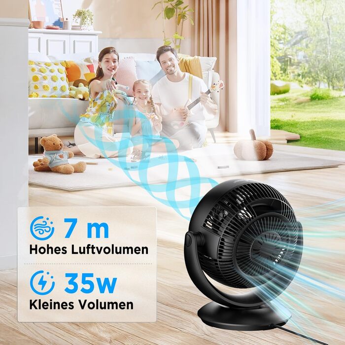 Вентилятор настільний EasyAcc тихий 25дБ з автоколиванням 90°, 3D-турбо, пульт, 3 швидкості, таймер 2-12 год, чорний