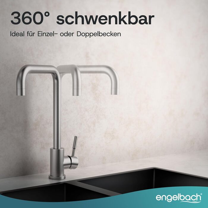 Кухонний змішувач Engelbach з поворотним виливом 360°, нержавіюча сталь 304, матова поверхня
