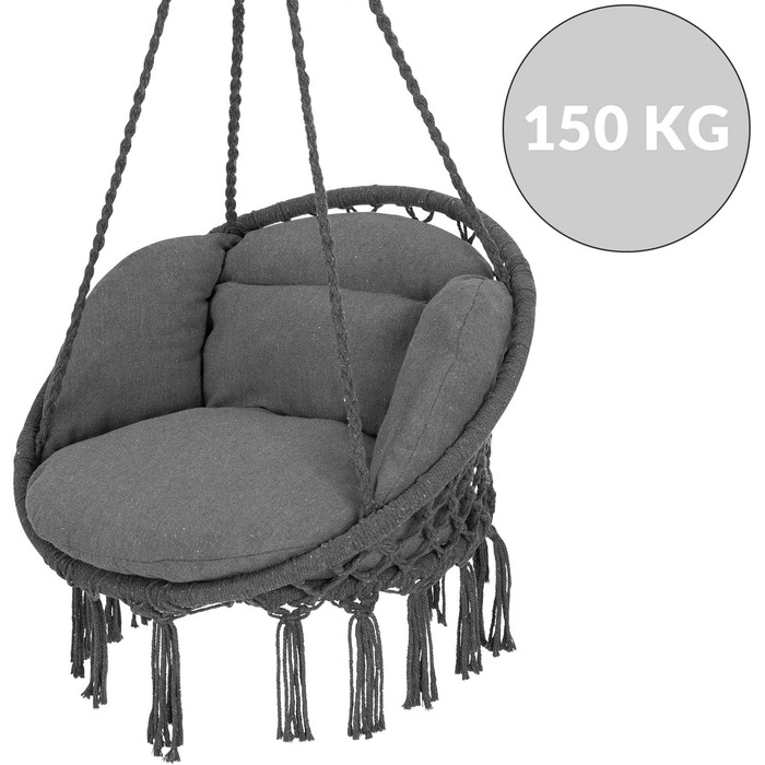 DETEX® Гамак-крісло підвісне до 150 кг, Boho стиль, стійке до погодних умов, сертифікат GS, для саду, 360° обертання, антрацит, для дому та вулиці, з зручною подушкою