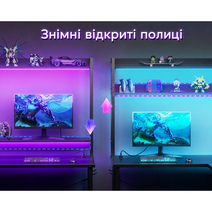 Ігровий стіл ODK L-подібний з LED-підсвіткою, 2 розетками та 2 USB-портами, кутовий письмовий стіл 150×120 см, чорний, із полицею та стелажем для зберігання