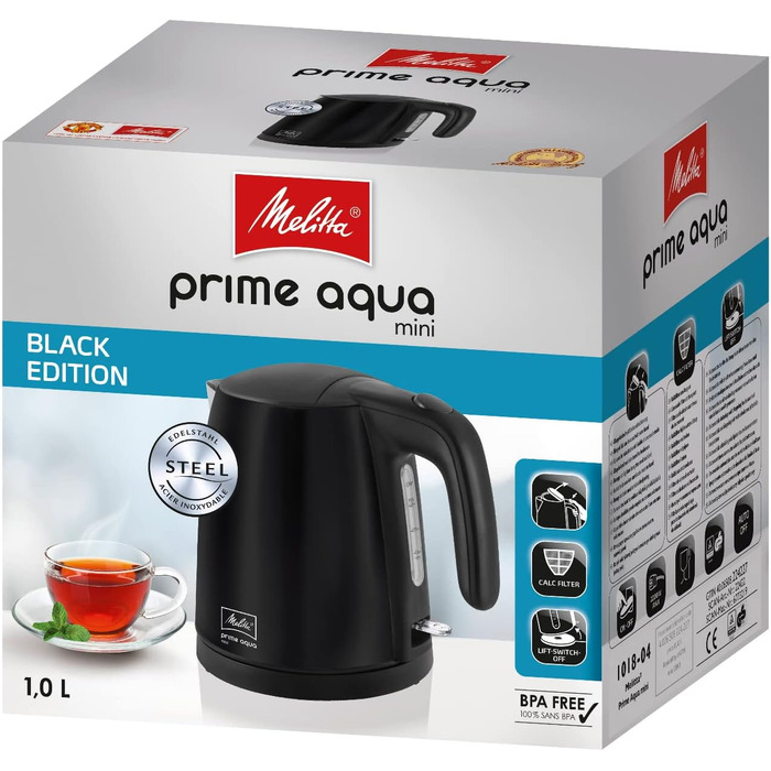 Електрочайник MELITTA Prime Aqua Mini, нержавіюча сталь, 1 л, 2200 Вт, чорний