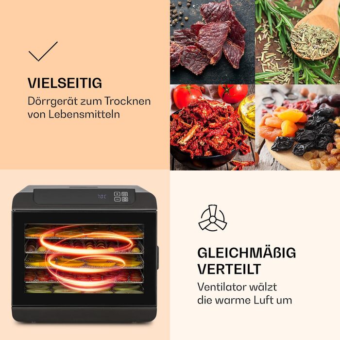 Сушарка для їжі Klarstein Arizona Jerky: для фруктів, м'яса, овочів. 500W, 35-70°C, 6 піддонів, сенсорний дисплей, чорний