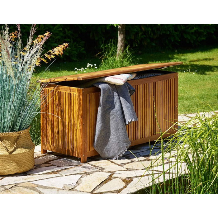 Ящик садовий дерев'яний Casaria Gartenbox з акації 205л, з кришкою, витримує 160кг, для саду, балкона, тераси, вологостійкий, лавка-ящик 115x50 см