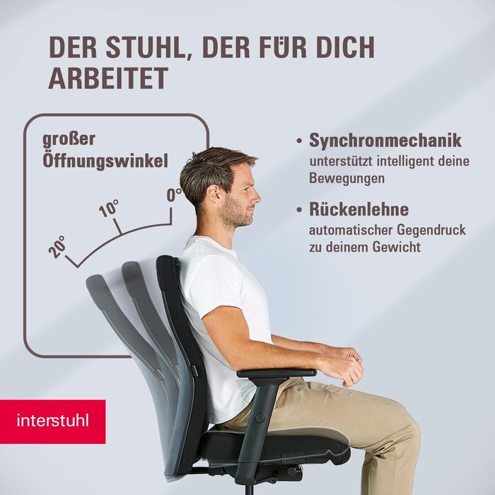 Ергономічне офісне крісло Interstuhl Edge Soft: синхромеханізм, 4D-підлокітники, підтримка попереку, чорне, Made in Germany