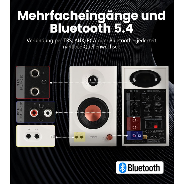 Edifier MR3 - Компактні студійні колонки 2.0, Hi-Res Audio, Bluetooth 5.4, RCA, AUX, керування через додаток, 2 x 18W (білі)