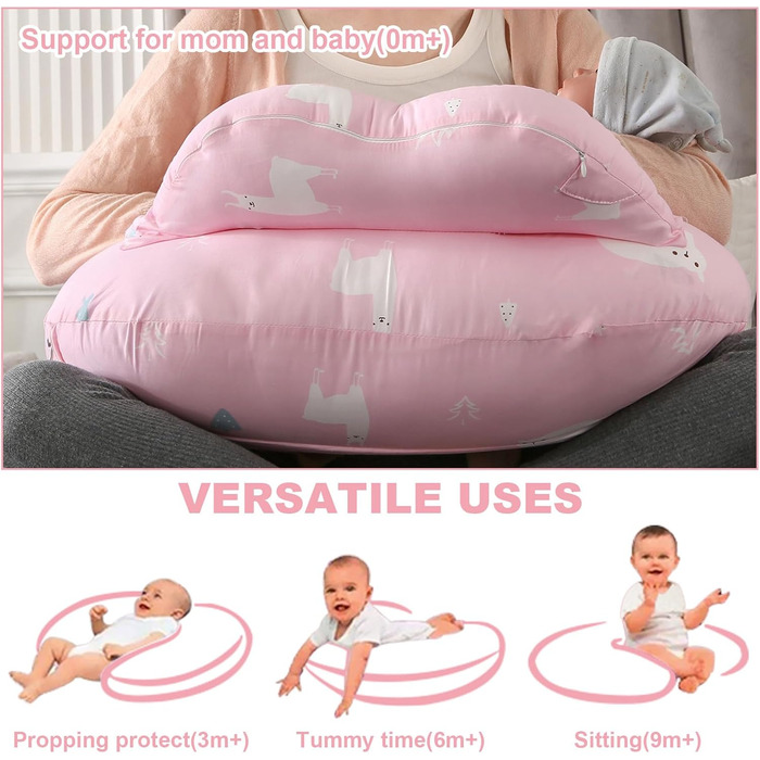 Подушка для годування SHANNA XXL, багатофункціональна, для грудного та пляшкового вигодовування, знімний чохол із 100% бавовни, регульований пояс, рожевий ведмедик