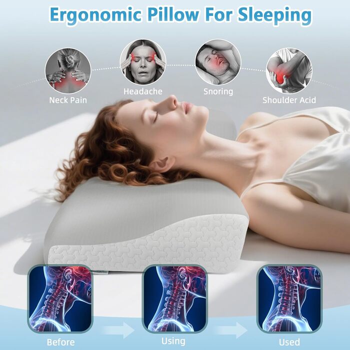 Ергономічна подушка з ефектом пам'яті (Memory Foam) для шиї та підтримки хребта, ортопедична подушка для сну на боці та спині з бамбуковим чохлом, сіра