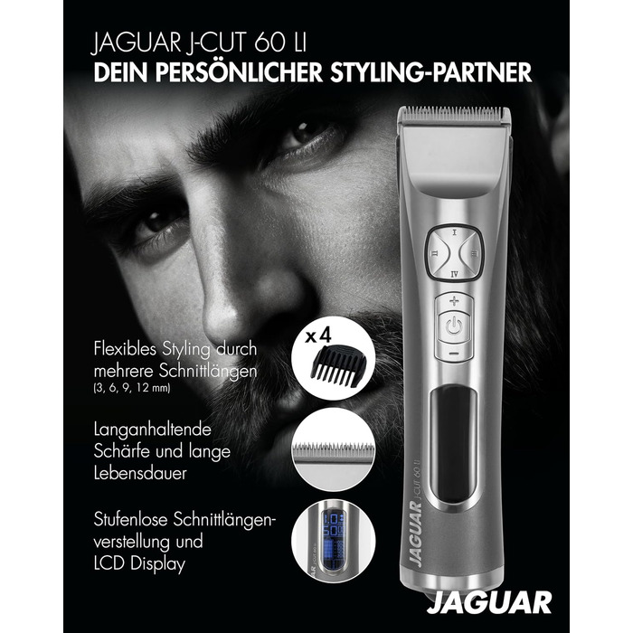 Професійна машинка для стрижки волосся JAGUAR J-CUT 60 Li Silver, акумуляторна та мережева, насадки, LED-дисплей