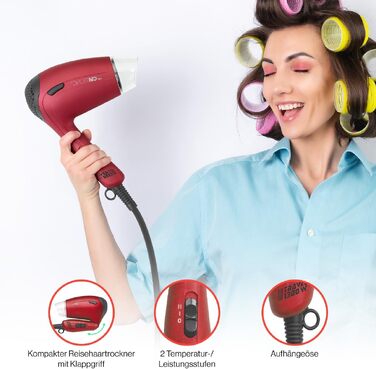 Компактний дорожній фен Clatronic HTD 3429 (1200Вт, 2 швидкості, з дифузором та сумкою, 110/230В) — Червоний
