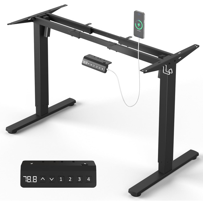 Електричний регульований стіл з USB-C, пам'яттю та захистом від зіткнень, 2 двигуни, чорний