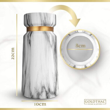 Преміум керамічна ваза Goldthal у стилі бохо, біла з мармуровим ефектом, для квітів, сухоцвітів, пампасної трави, H22 см, з золотим кільцем, сучасний декор