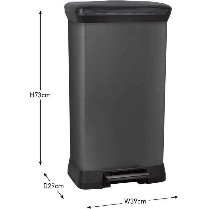 Смітник CURVER Deco Bin з педаллю і кришкою, 50 л, чорний металік, прямокутний, плавне закривання, 39x29x72 см