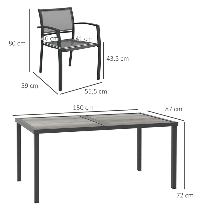 Комплект садових меблів: стіл та 6 стільців, 150 x 87 x 72 см, сірий