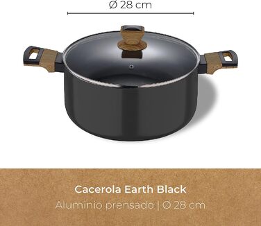 Каструля BERGNER Earth Black 28 см, алюмінієва, з антипригарним покриттям, ергономічні дерев'яні ручки, для індукції та всіх типів плит, чорна