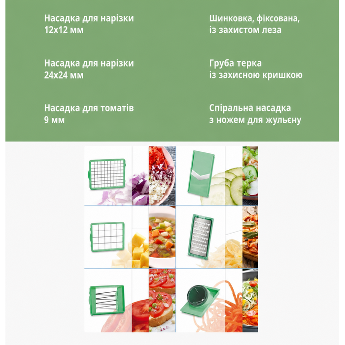 Овочерізка Genius Nicer Dicer Chef 15 в 1, зелена, багатофункціональна, для овочів, фруктів, цибулі, мандоліна, шинкування