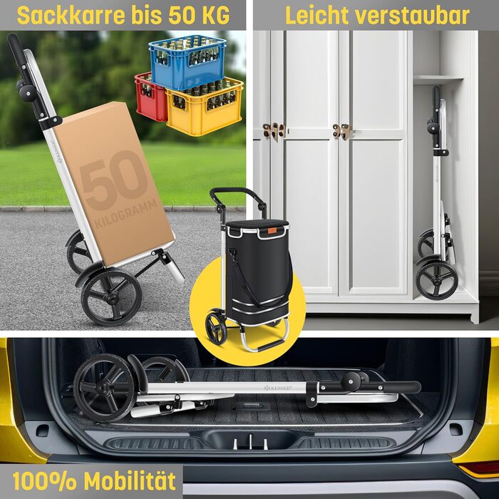 Складна господарська сумка-візок KESSER 56л, до 50кг, 3в1: візок, сумка на плече, рюкзак, з термовідсіком, для покупок, чорна, для сходів