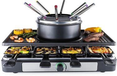 GOURMETmaxx Ракуле-Фондю 2-в-1 на 8 осіб | Ракуле-Фондю комбінація з 8 сковородами, лопатками та виделочками | Ідеально для вечірок | Ракуле та Фондю для 8 осіб