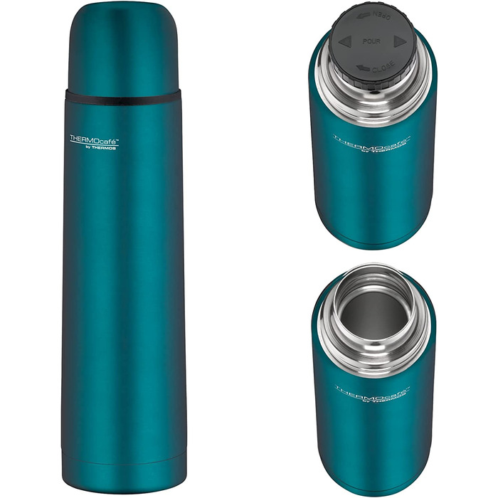 Термос пляшка THERMOcafé by THERMOS 700 мл, нержавіюча сталь, бірюзова, ізольована, герметична, BPA Free, з чашкою, зберігає тепло до 12 годин, холод до 24 годин