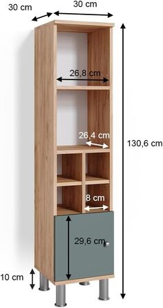 Пенал для ванної Vicco Fynn, зелений/дуб золотий, 30x130,6 см, маленькі дверцята